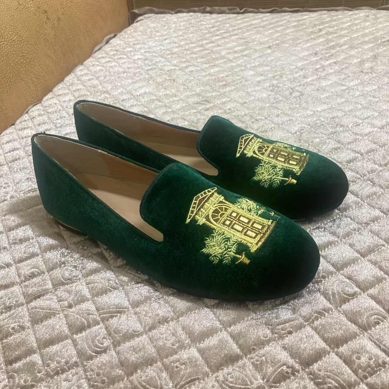 Women's Emerald Green Slip-On Loafers Shoes with Arch Motif, Soft Sole  for Formal Casual Events Luxury Footwear (YXD31