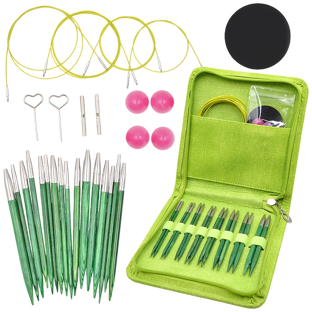 Image of Interchangeable Circular Knitting Needles Set, 8 Pairs Green Interchangeable Knitting Needles Set 3.5mm To 6.5mm With Cables, Additions And Case