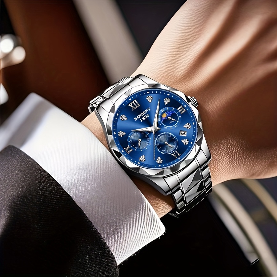 Banbony Men'S Quartz Watch Stainless Steel with Rhinestone Roman Numerals HD Large Dial Waterproof Luminous Display Date Calendar Multi-Function Silent Watch Fashionable Appearance Men'S Luxury Gift for Birthday, Family Gathering, Party