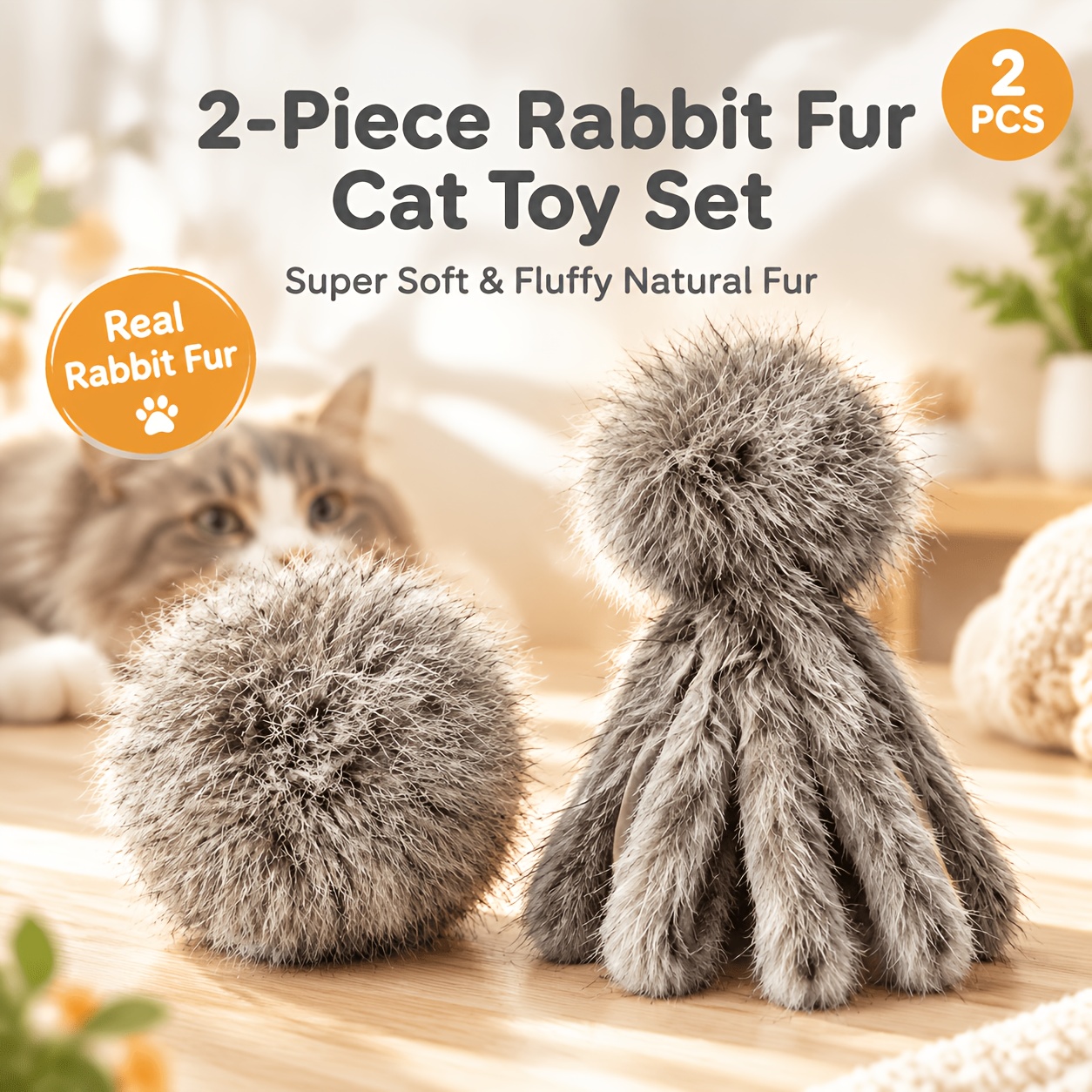 TEMU 2pcs Set Of Imitation Rabbit Cat Toys, Soft And Fluffy Rabbit Balls And Imitation Rabbit Octopuses, Designed For Cats, Suitable As Fluffy Toy