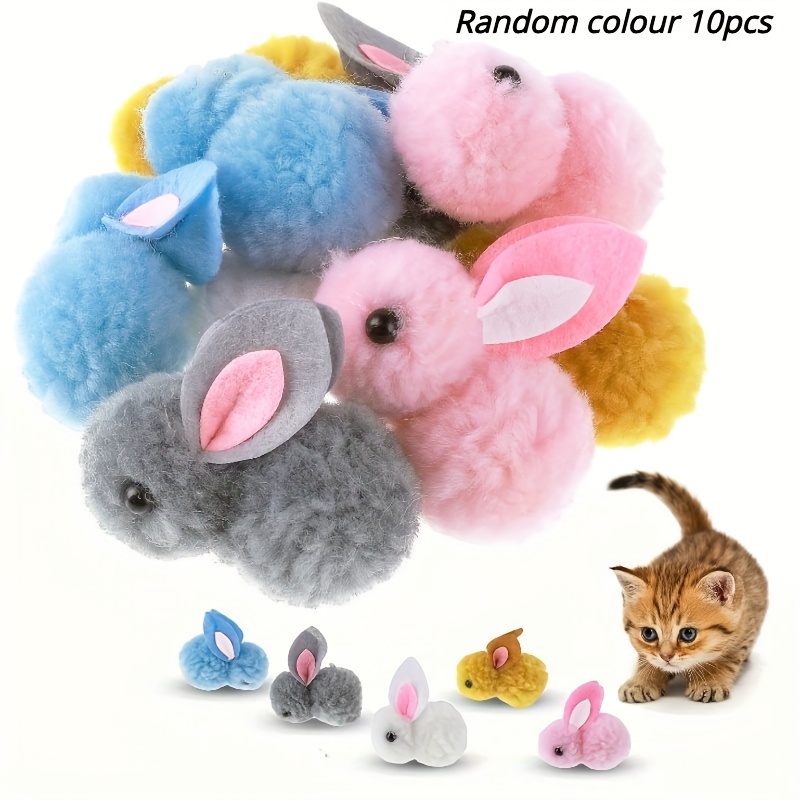 TEMU 10pcs Plush Rabbit Pom Poms For Cats - Soft Interactive Cat Toy Balls, No Batteries Required, Durable Plush Material, Suitable For All - Cat Chew And Play Toys