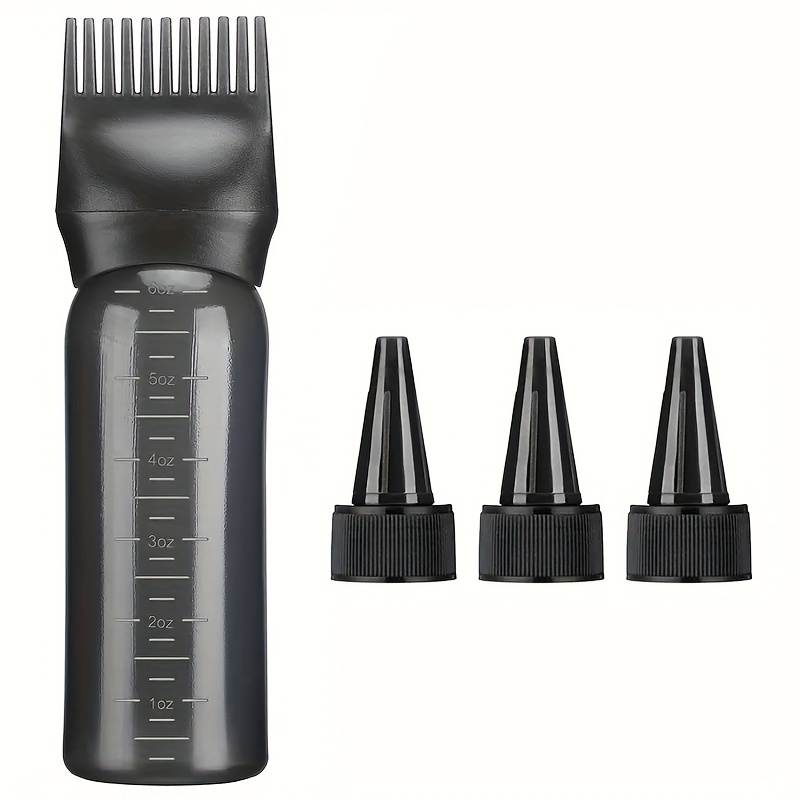 E-shop Haarölflasche mit 3-spitzigen Spitzenverschlüssen einer 6oz Haarfärbeflasche mit Wurzelkamm, geeignet für die Kopfhaut in Schwarz Weiß