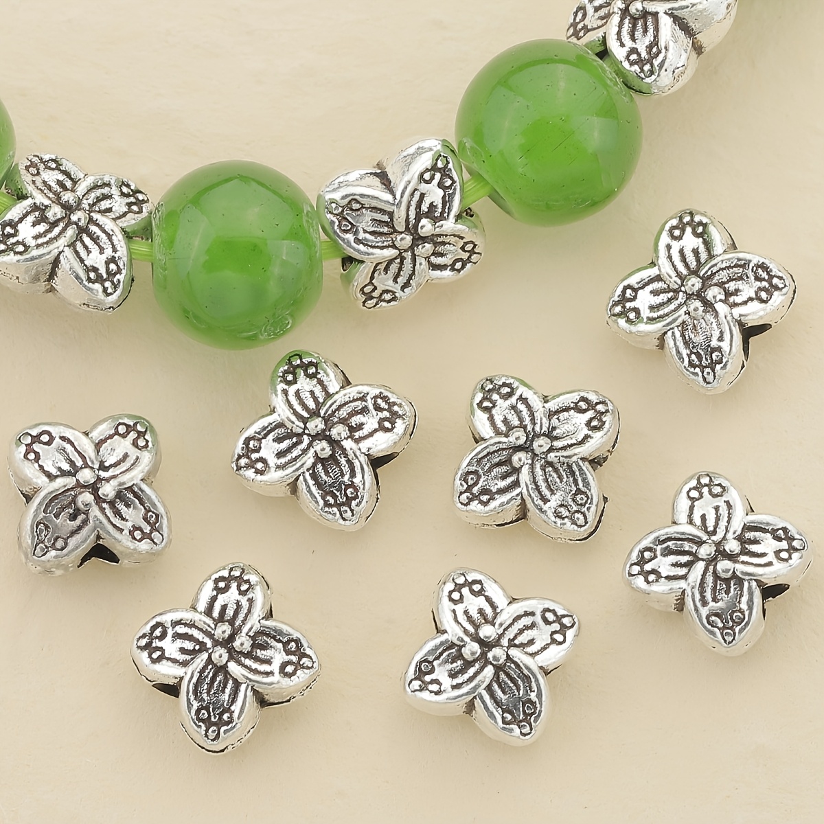 

50pcs Alloy Clover Spacer Beads, Dual-sided 3d Floral Charms For Making - Ideal For Necklaces, Bracelets, Earrings & Crafts