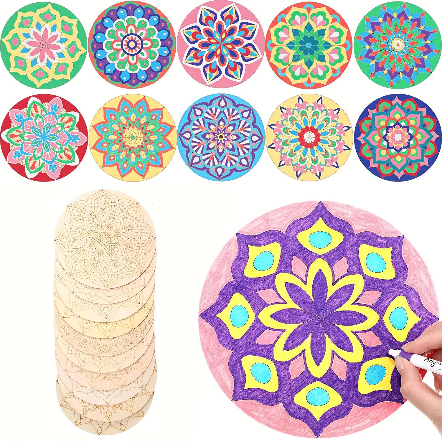 

10pcs Diy Mandala Wooden Craft Set - Unfinished Paintable Wood Chips For Art Projects & Outdoor Activities, White