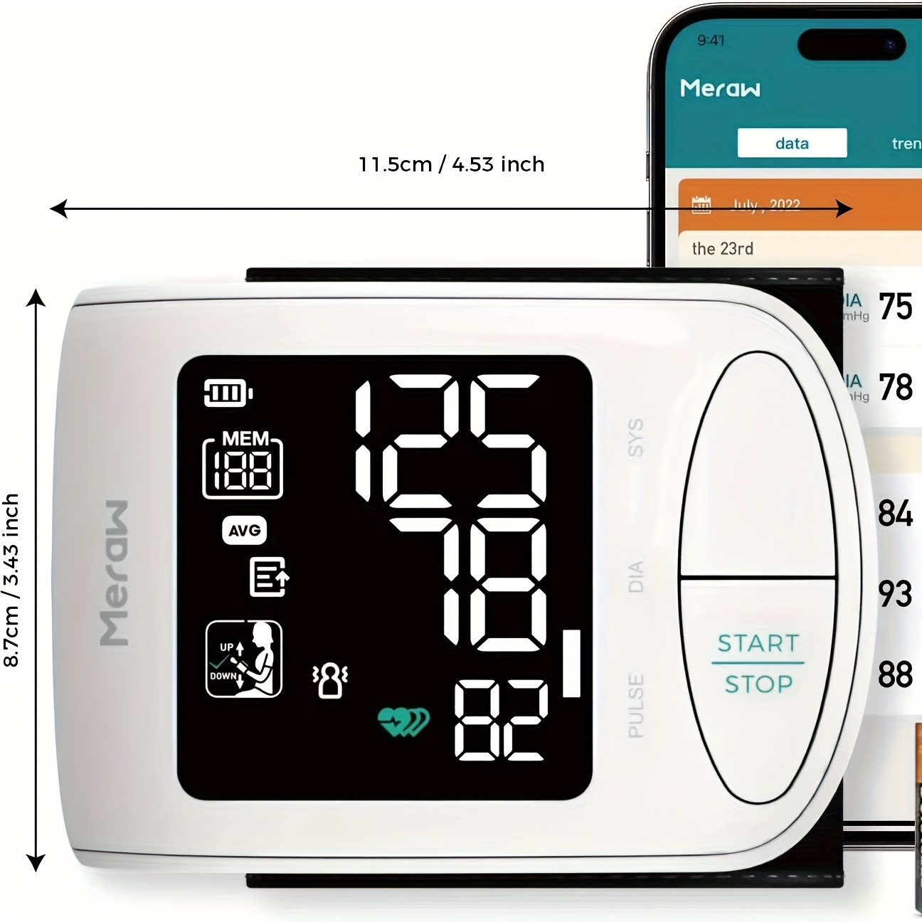   wrist   for adults with large 5 3 8 5 cuff high   automatic bp machine irregular heartbeat detection app   ios   backlit lcd display aaa battery powered   monitoring sleek device design durable electronic device   wrist cuff Product details 0
