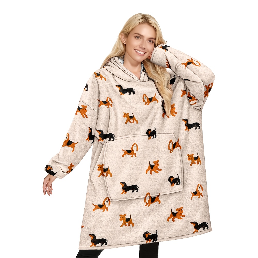 TEMU 1pc Dachshund & Pug Wearable Hooded Blanket For Women - Fleece With Large Pockets, Cute Dog , Machine Washable Gift For Girlfriend, Mom, Dog