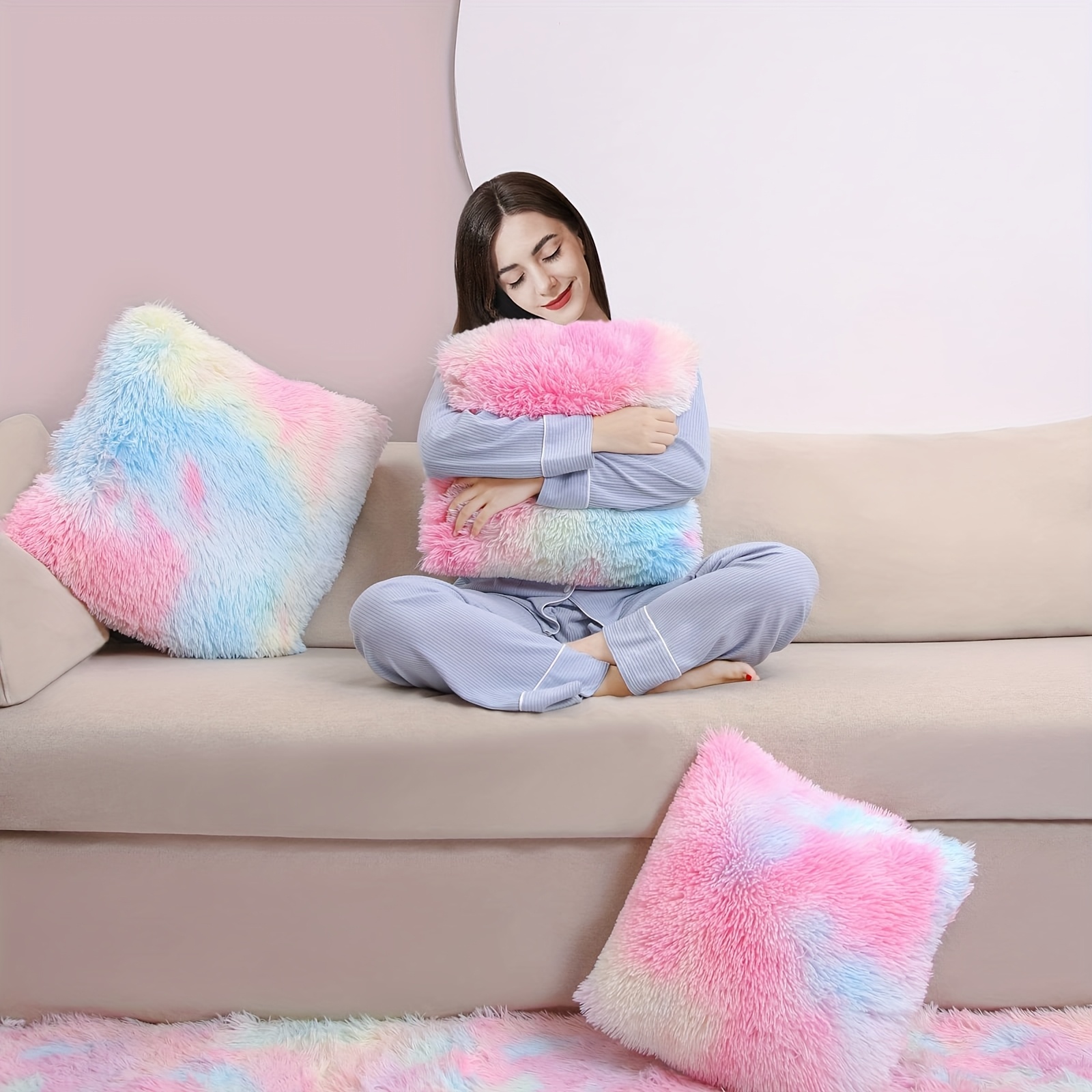 Image of 1pc Colorful Throw Pillow Covers, Cushion Covers Colorful Double Sided Fluffy Plush Pillow Covers Soft Throw Pillow Case For Living Room Sofa Bedroom Office, 40x40cm