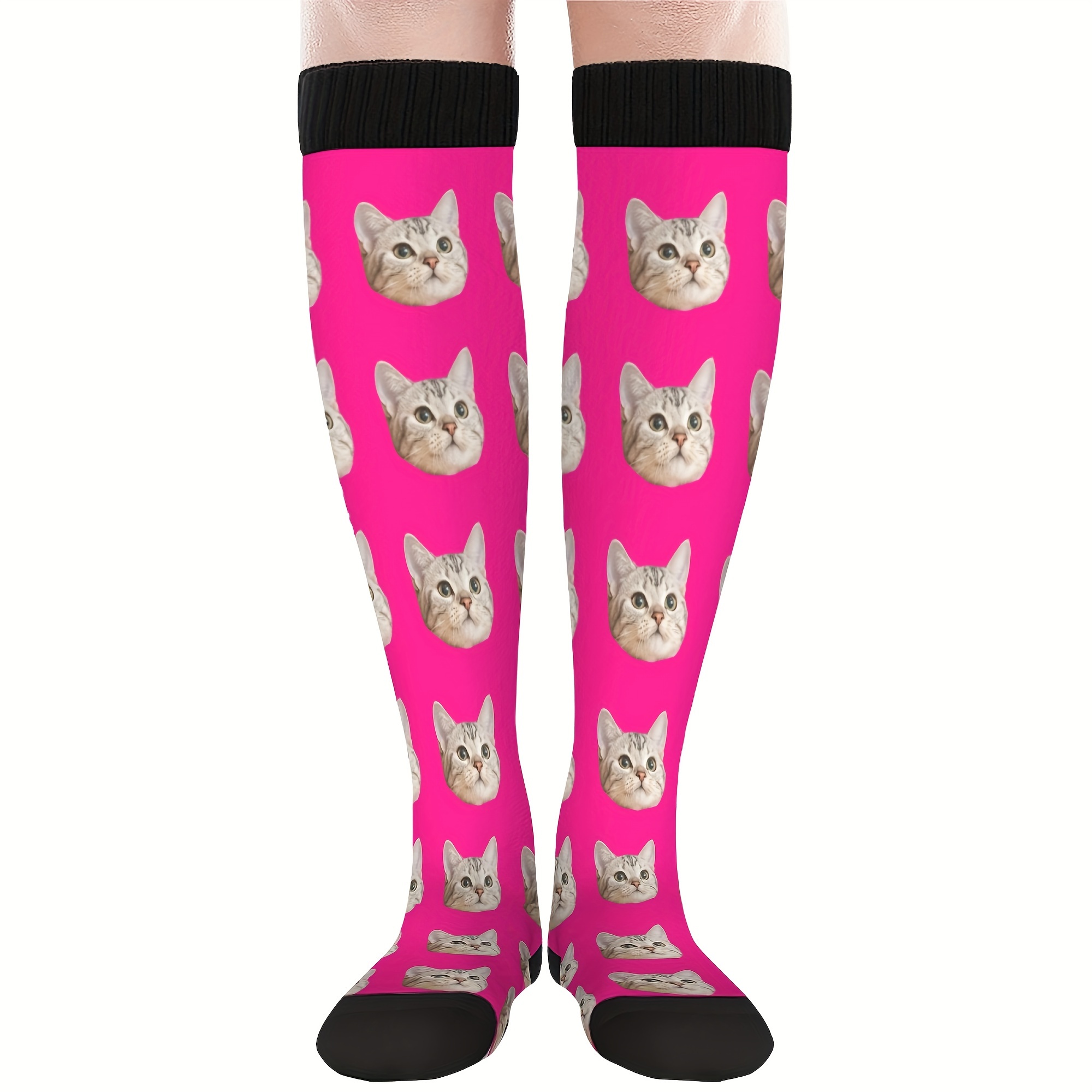 TEMU Custom Photo Personalized Knee-length Socks - 100% Polyester Elegant Calf Socks For Couples - Machine Washable, Knit Fabric Solid , Unisex Plus