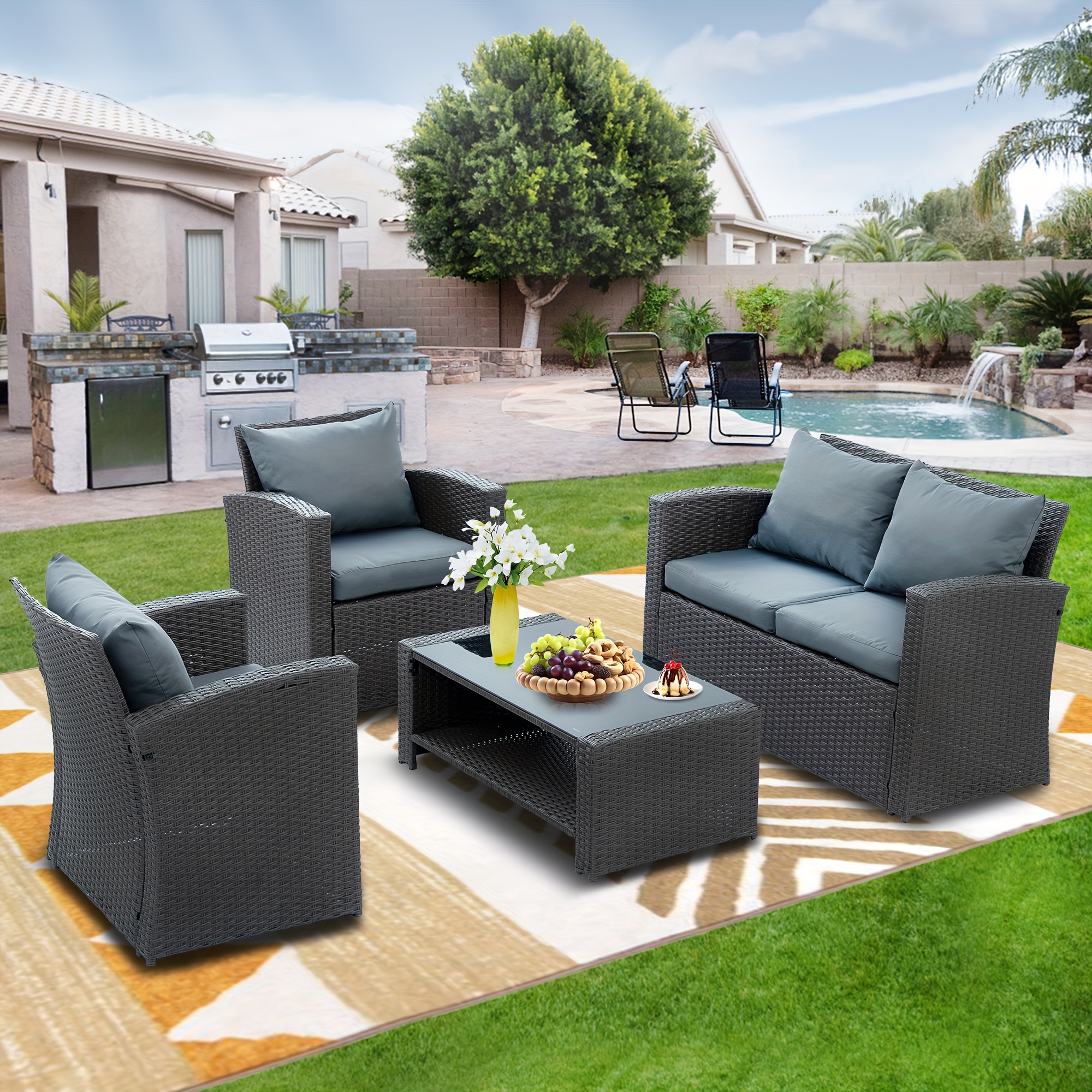 

4 Pieces Patio Furniture Set Rattan Outside Furniture Wicker Sofa Garden Conversation Sets With Cushion And Coffee Table For Yard Pool Or Backyard, Gray