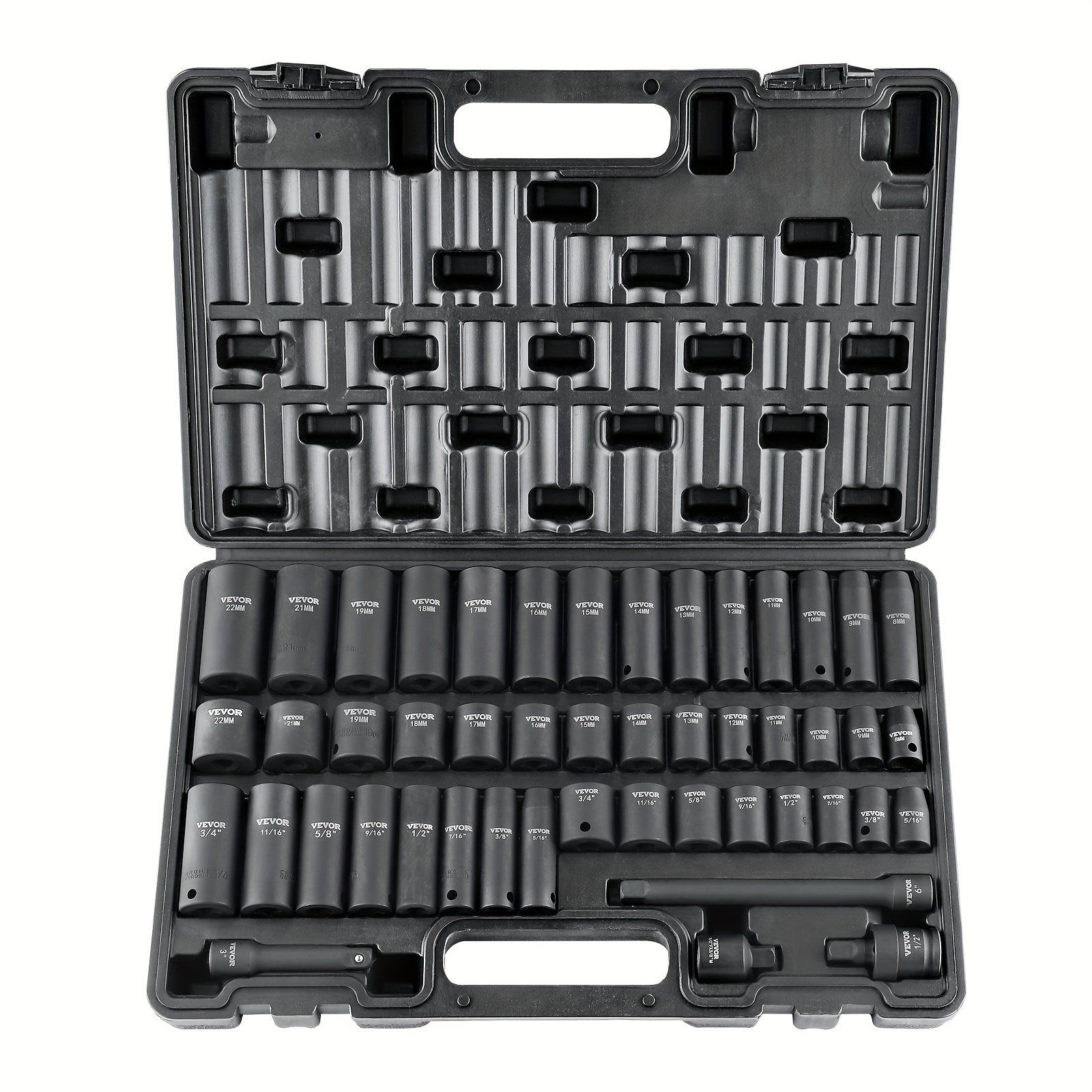

48 Piece 3/8" Drive Impact Socket Set, Socket Set (5/16" -3/4") & Metric (8-22mm)6 Point Cr-v Drive Extension Bar Universal Joint & Power Drill Adapter Includes Storage Case