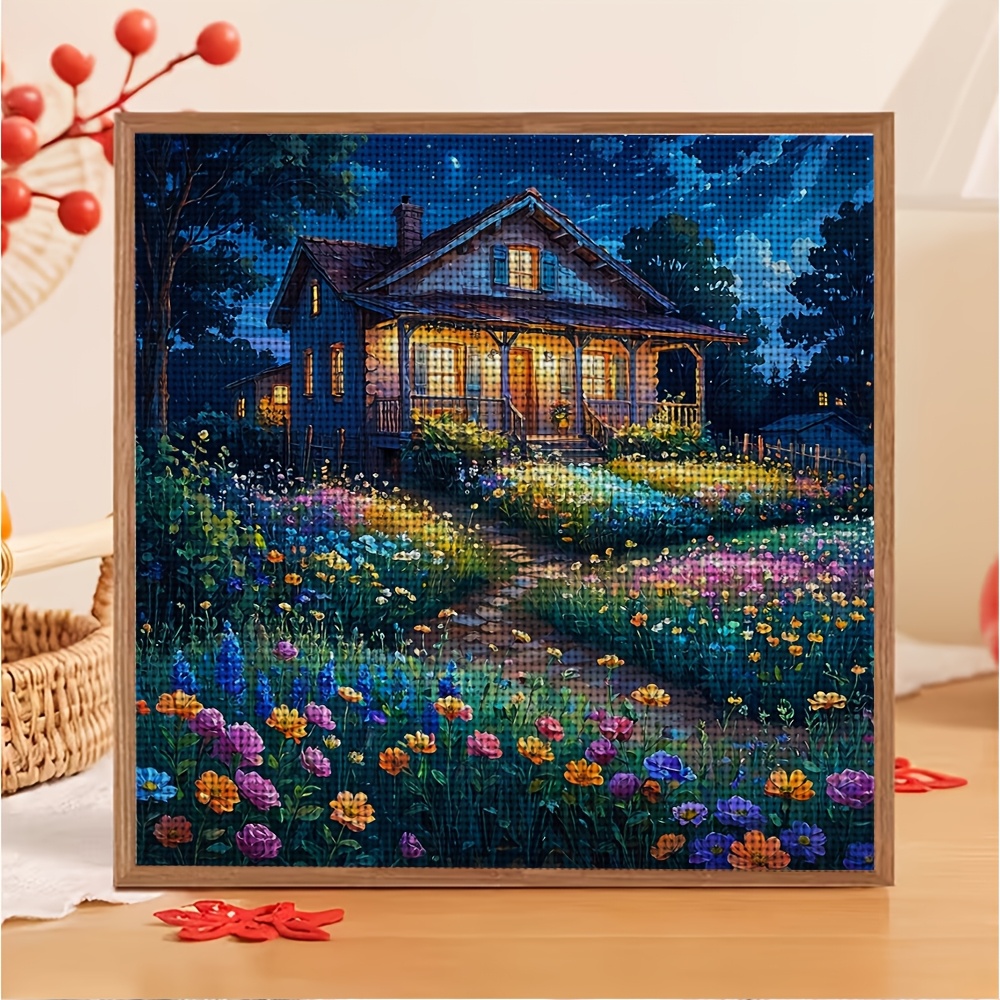 DIY Cross-Stitch Printed Kit, Unframed, "Night House in Full Bloom"