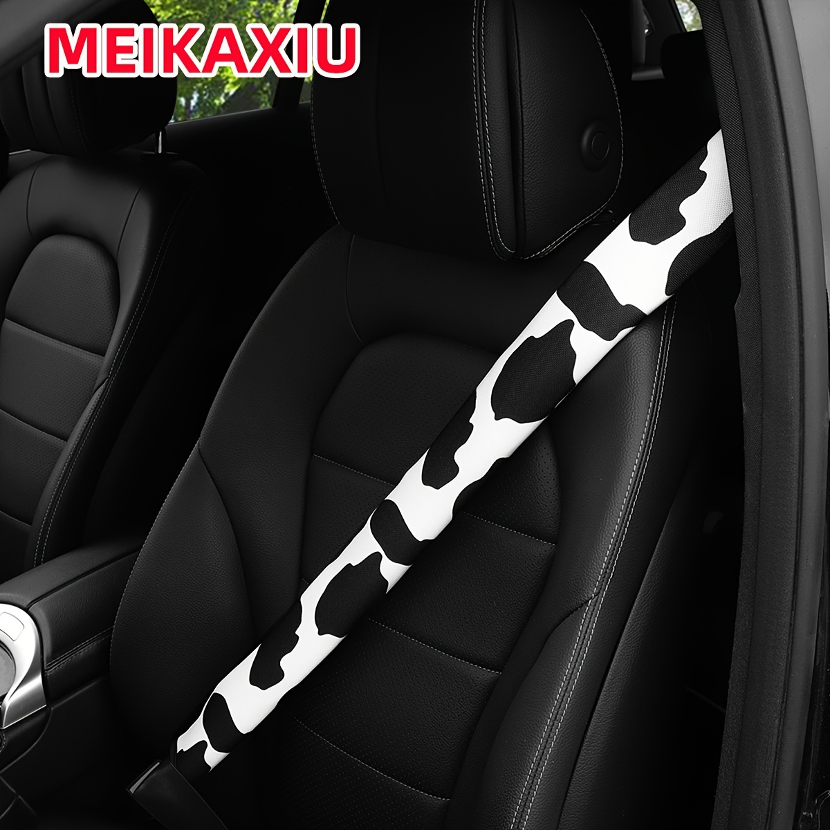 TEMU 1pc Cow Print Fabric Breathable Extended Car Seat Belt Shoulder Pad Cover, 75cm/ Inches, Automotive Interior Accessory, Seat Belt Decoration For Pressure Relief And Anti-pinching