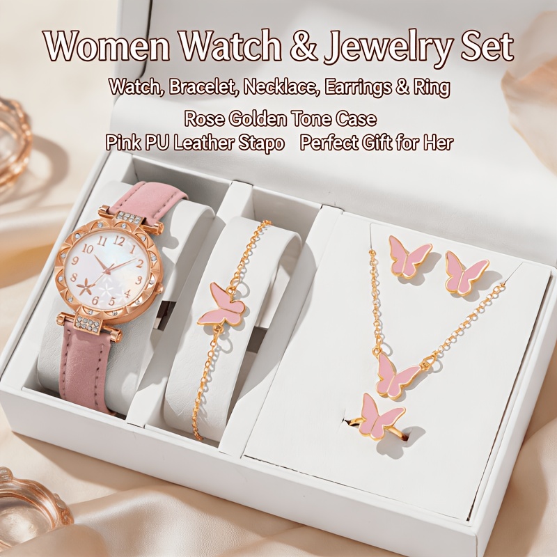TEMU 6pcs/set Women's Watch+ Bracelet+ Earrings+ Necklace+ Ring Fashion Personality Simple Watch Digital Marks Pu Set With Gift Box And Cleaning Wipe