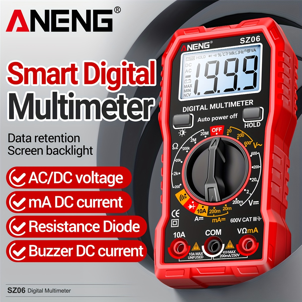   sz06 electrician professional digital multimeter     anti burn intelligent maintenance voltmeter 600v ammeter tester multimetro counting ohm buzzer diode lcd backlight screen multifunction test tools no battery