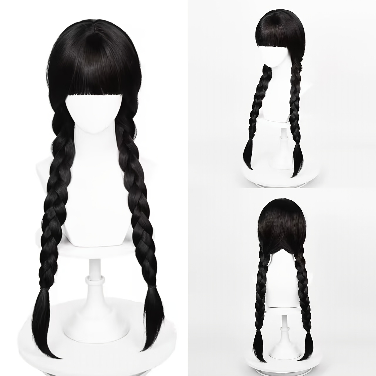 TEMU 26 Inch Natural Black Double Braids Wig With Bangs, Breathable Buckle Net Scalp Top, Cute Style For Halloween Christmas Gatherings & Parties