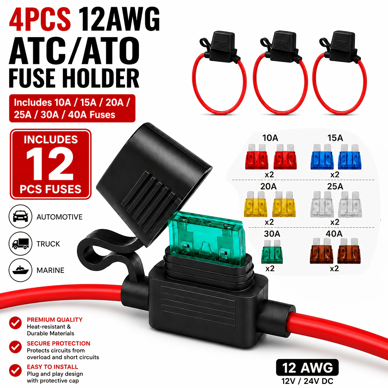 TEMU 4pcs 12awg Inline Atc/ato Blade Fuse Holder Set, Max 40a 12v/24v , Wire & Brass Contacts, Protective Cover Fuse Holder With Assorted