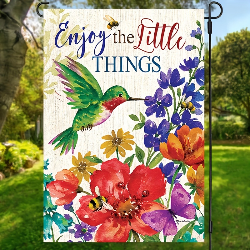 

1pc "enjoy The Little Things" Hummingbird Garden Flag, 12"x18" Vertical Floral Burlap Lawn Sign, Double-sided, Weatherproof, Washable Outdoor Decor For Spring Summer Holidays