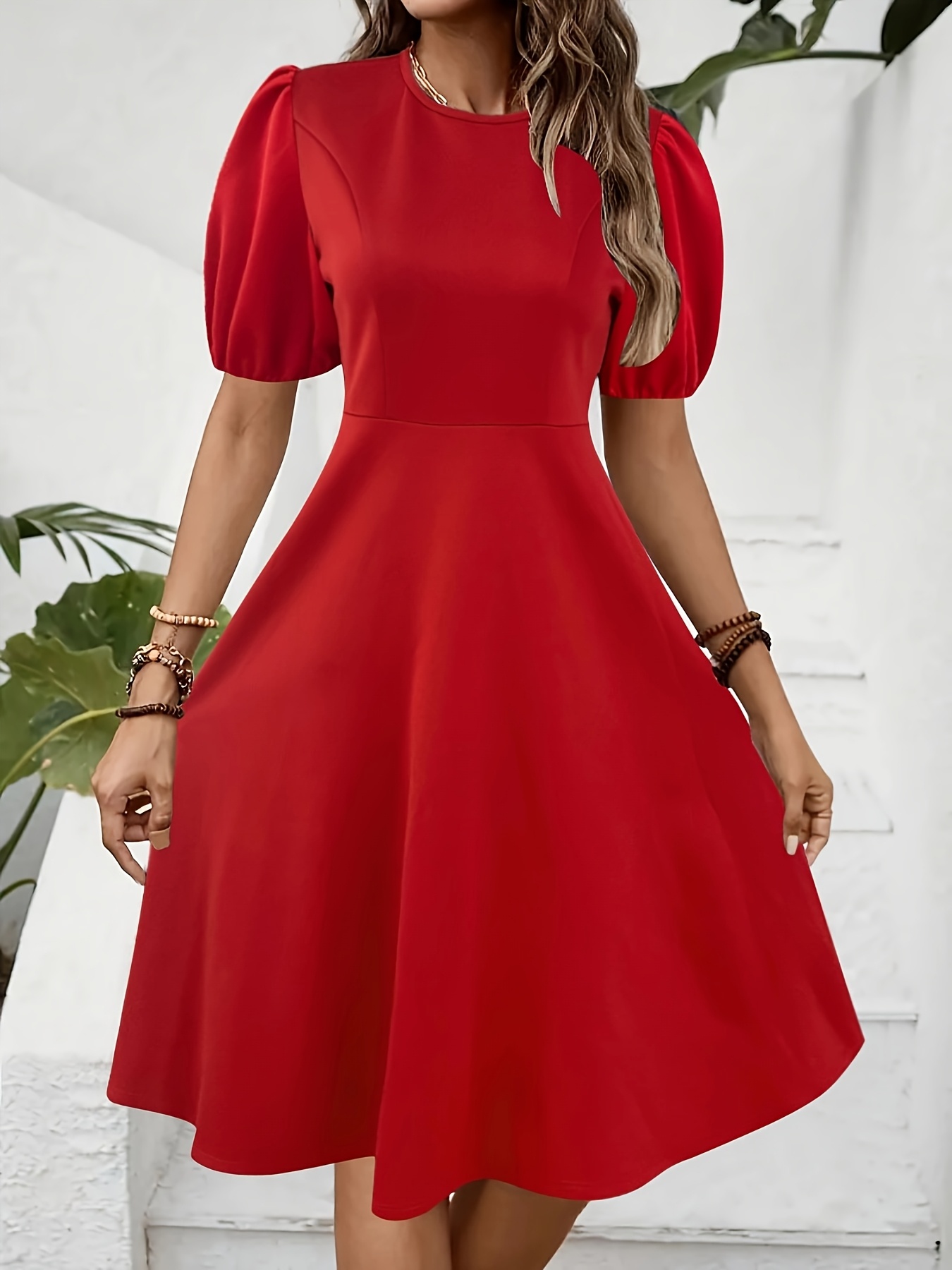 Round Neck Puff Sleeve A-Line Dress Red / 2XL