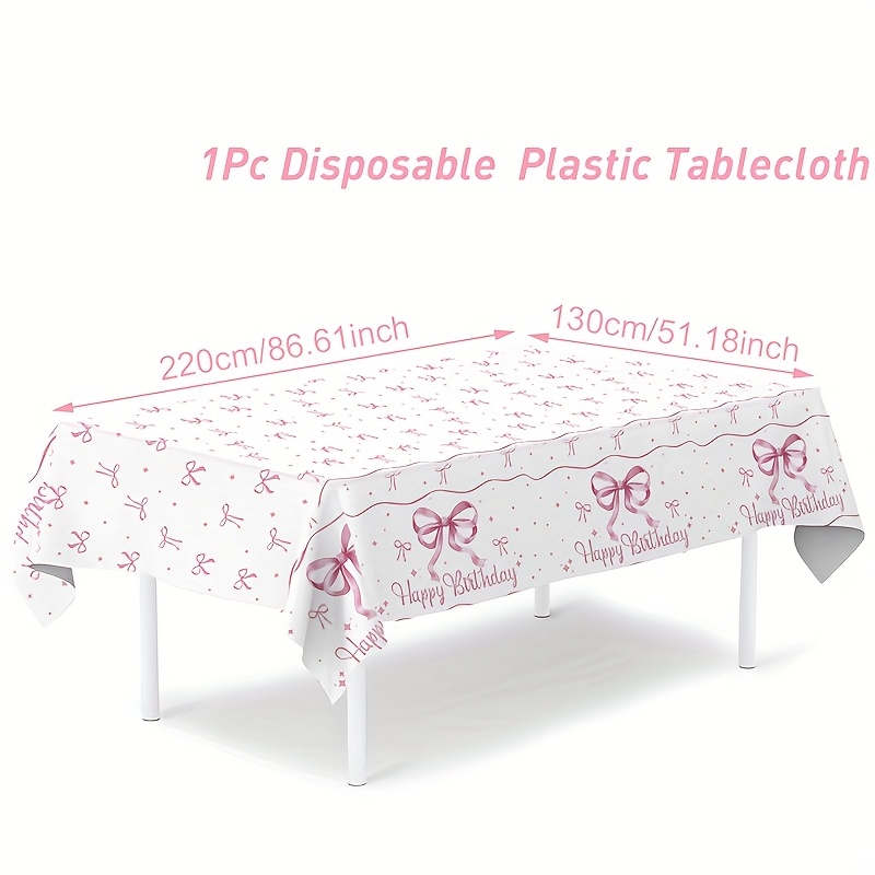 Image of 1pc Pink Bow Happy Birthday Tablecloth - Disposable Plastic Rectangle Cover With Festive Pink , 86.6"x51.1", Perfect For Birthday Party Decorations And Celebrations, Bow Birthday Decorations