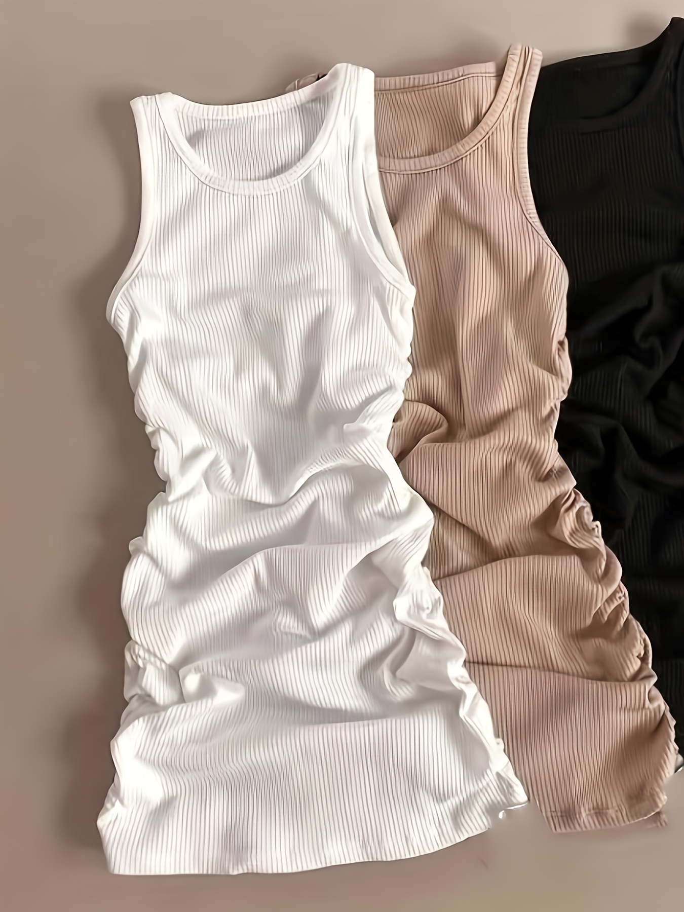 3pcs Set Elegant Ladies' Vest Dress | Crew Neck, Sleeveless, Solid Color, Fake Drawstring Detail, Mini Skirt Style for Spring/Summer