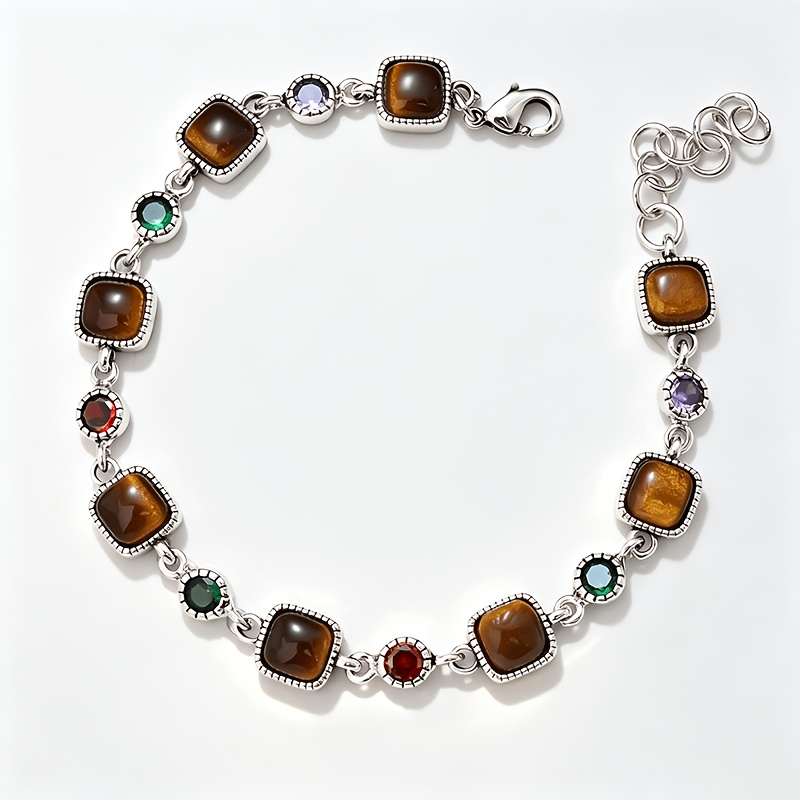 Image of 1pc S925 Silvery Retro Fashion Bracelet, Square Main Stone Shape With Colorful Synthetic Gemstones High-quality Silvery Jewelry, Suitable For Men And Women For Daily, Holiday, Party Gifts.