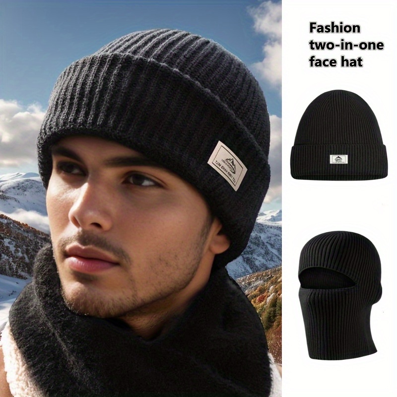 

2024 Men's 2-in-1 Beanie Hat: Stylish, Warm, - Hand Wash Or , High Elasticity, Solid Color, Knitted Fabric