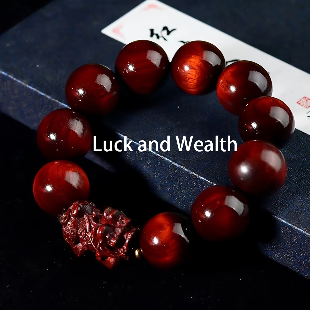 

Pixiu Bead Bracelet For Men - , Handcrafted Purple Sandalwood With Charm, Smooth -brown Beads With Golden Accents, Ideal Gift