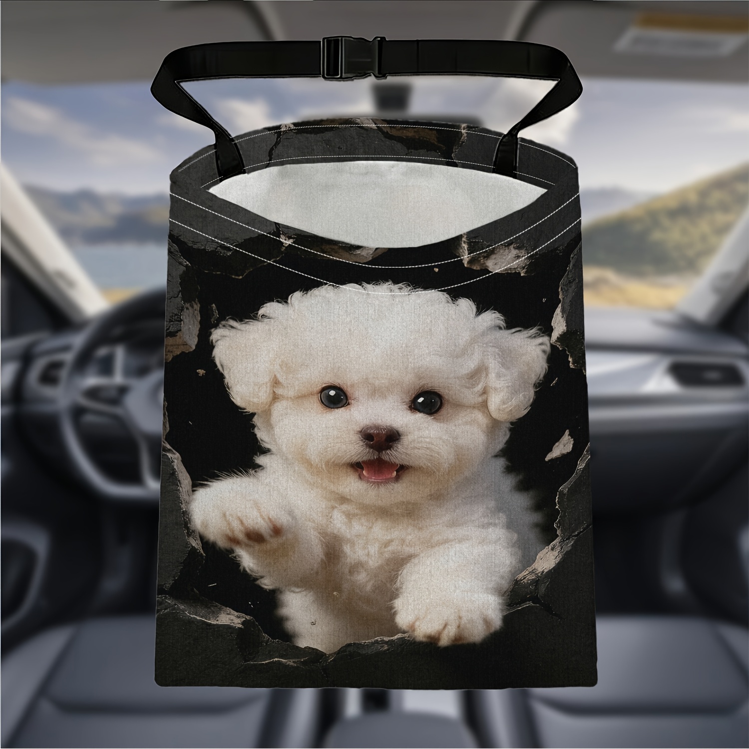 TEMU 1pc Car Trash Bag With 2d Printed Pattern Of A White Puppy Peeking Out From A Black Hole - Fashionable Storage Bag For Keeping Your Car Clean,
