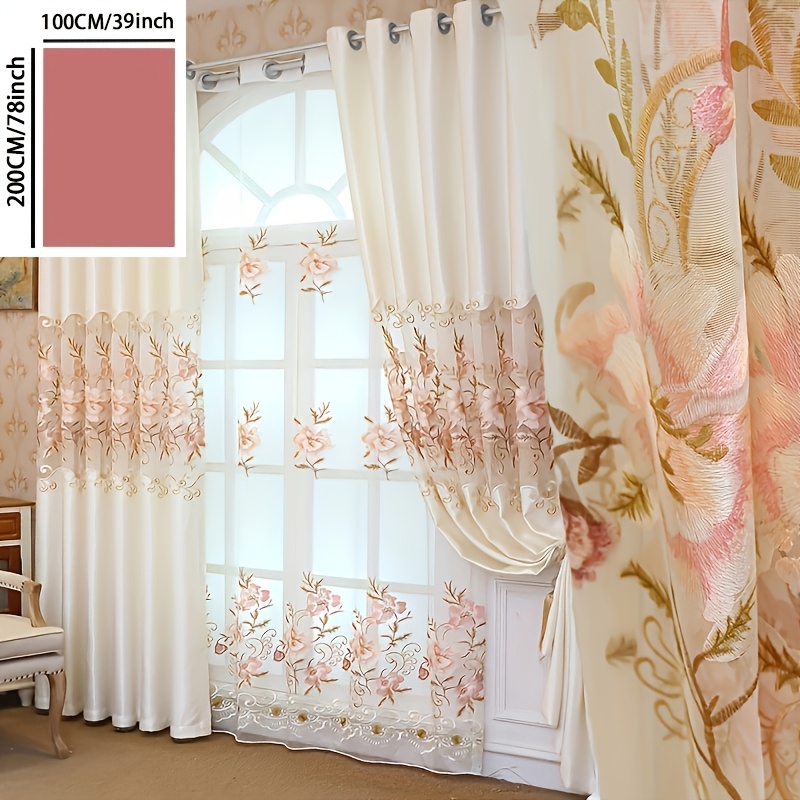 TEMU 1pc Elegant European Floral Embroidered Curtain - Light-filtering, Cordless & Eyelet Design, Polyester, Perfect For Bedroom & Living Room Decor,