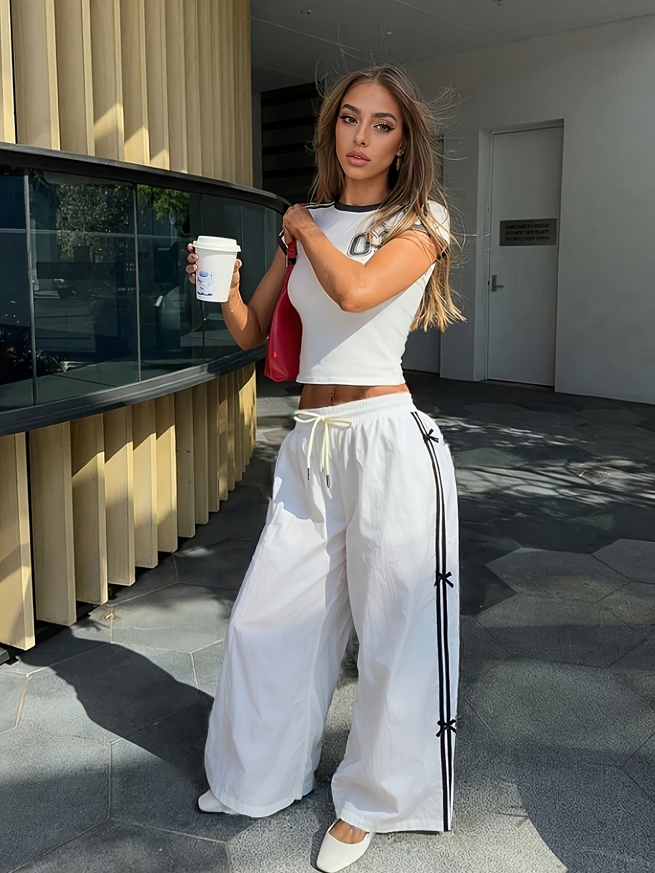 womens elegant beige striped wide leg pants loose fit Temu