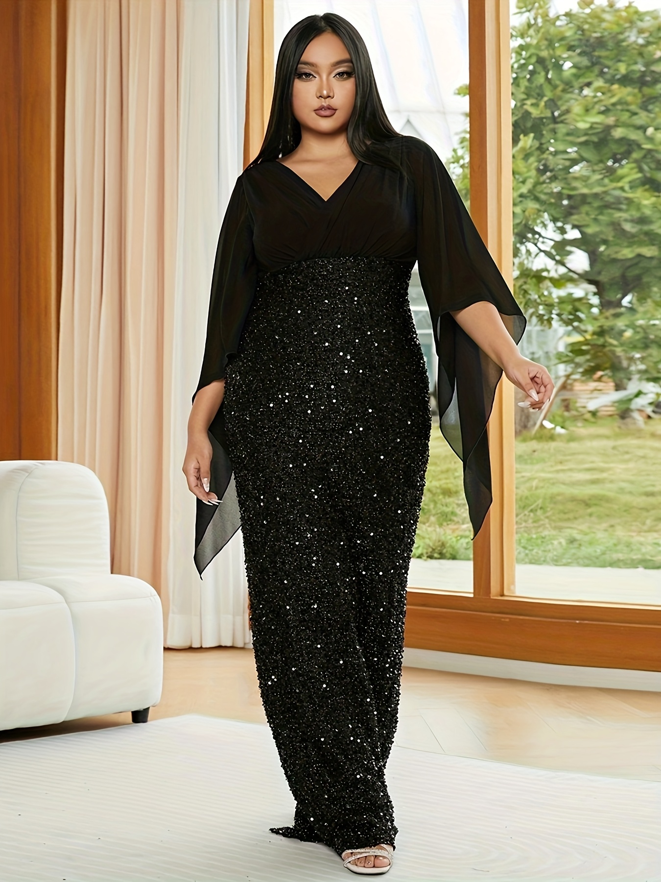 Plus Size Maxi Dress With Thigh High Slits Plus-Size Long Glitter Prom Dress  With Lace-