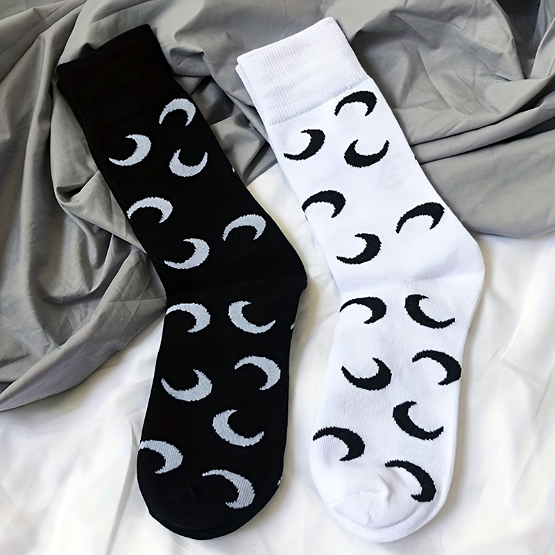 

2pcs Elegant Moon Print Mid-calf Socks For Women - Breathable Polyester & Spandex , Casual Wear