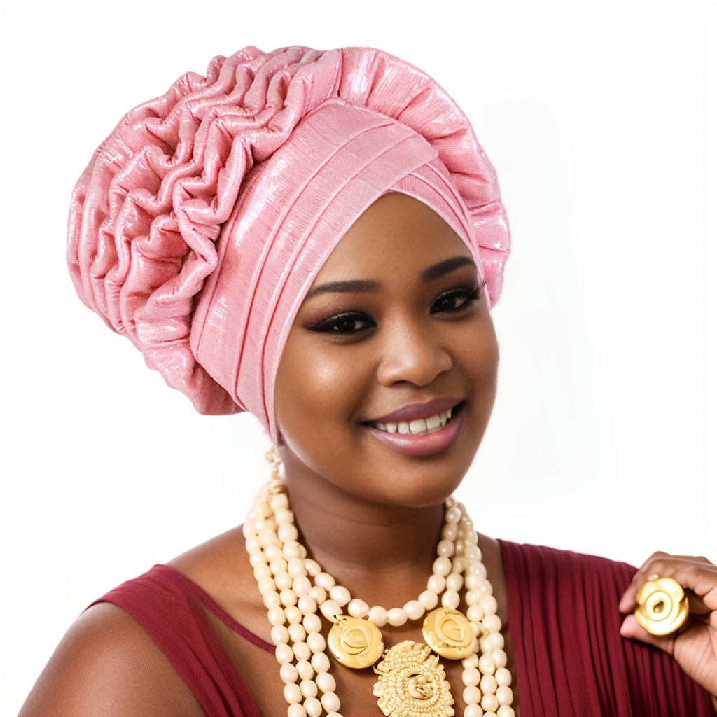 Shimmering Pink & Gold African Damask Turban Headwrap Wholesale Gold Foil Hair Plain Stretchy African Head Wraps main image 4