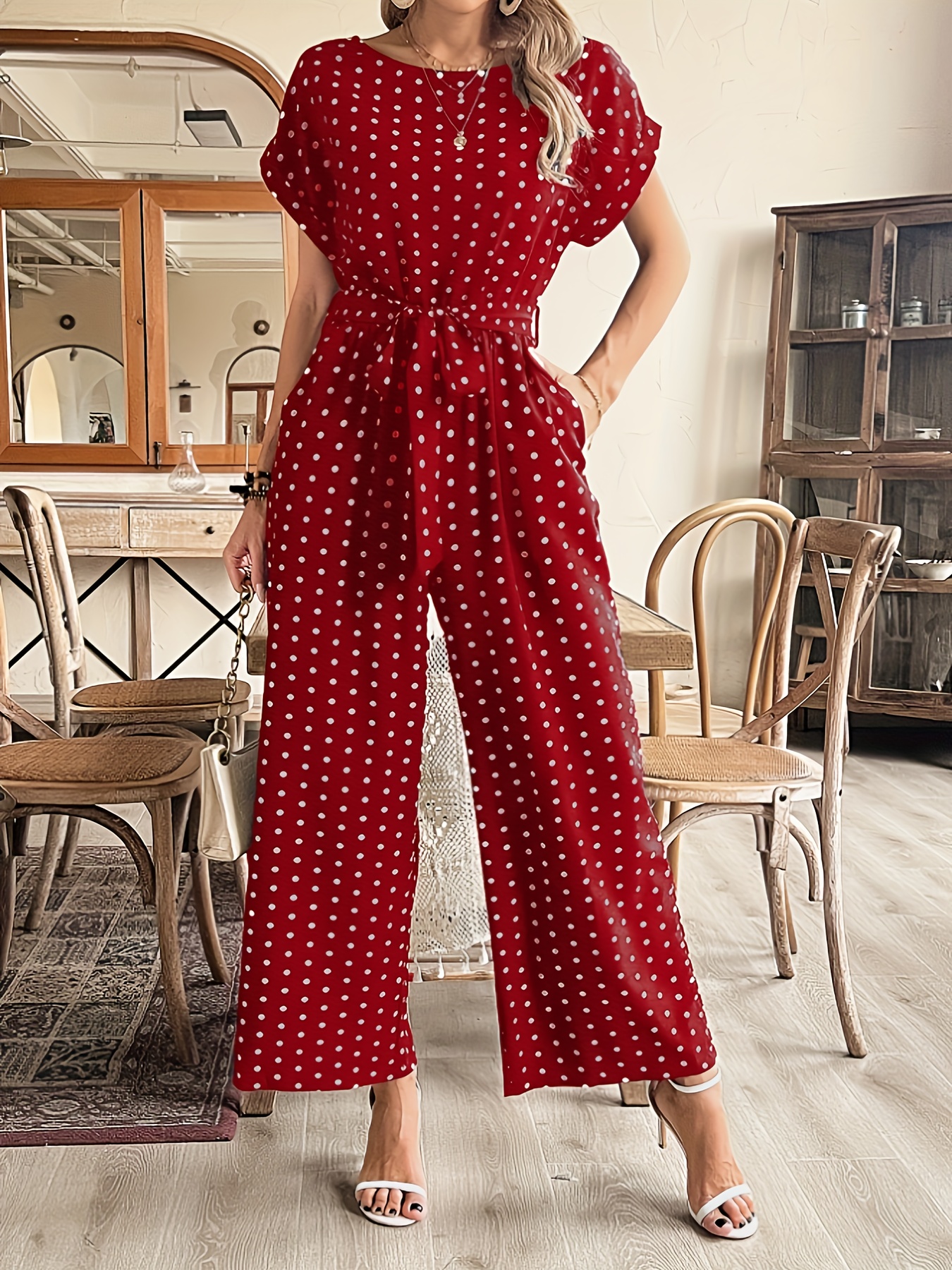 Polka Dots Print Jumpsuit, Elegant Crew Neck Short Sleeve Jumpsuit For  Spring Summer, Women's Clothing