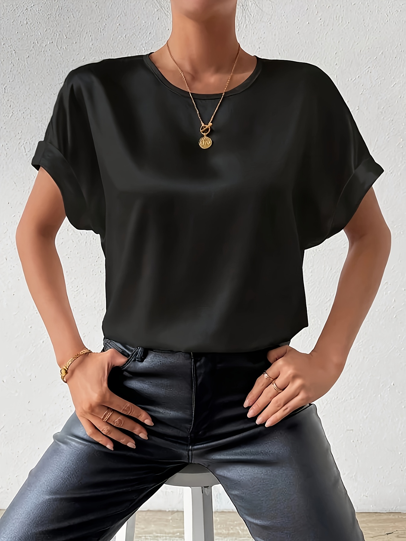 Women'S Plus Size Light Blue Woven Blouse - Elegant Short Sleeve Crew Neck, Solid Color, Non-Stretch Fabric, Perfect for Summer, Casual Summer Wear|Sleek Fitted Look|Nonstretch Material, Plus Size Blouses