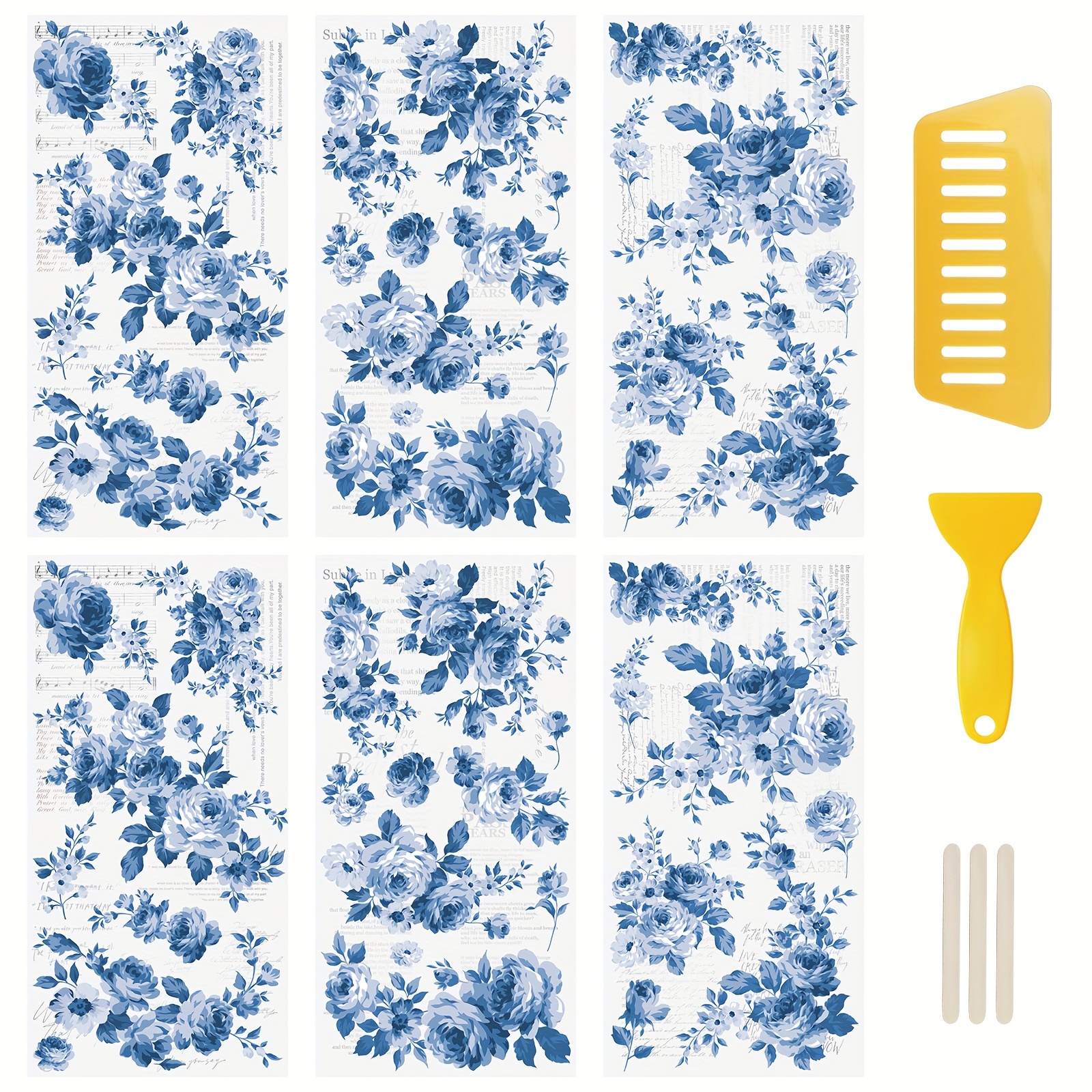 

6 Sheets Rub On Transfer Stickers, Blue Flowers Decals Waterproof Stickers Stickers For Diy Scrapbooking