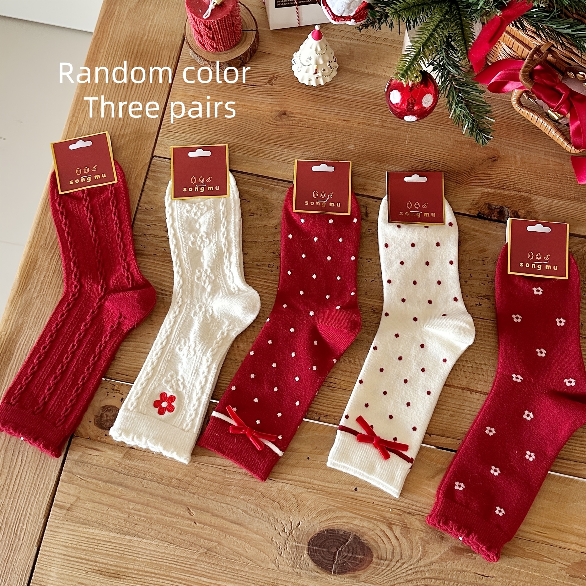Image of 3 Pairs Ladies Holiday Bow Socks | Festive Dot With Three-dimensional Bow, Random Mixed Match | Winter All-match Pile Socks, Suitable For Christmas, New Year Valentine's Day Wear And Gift