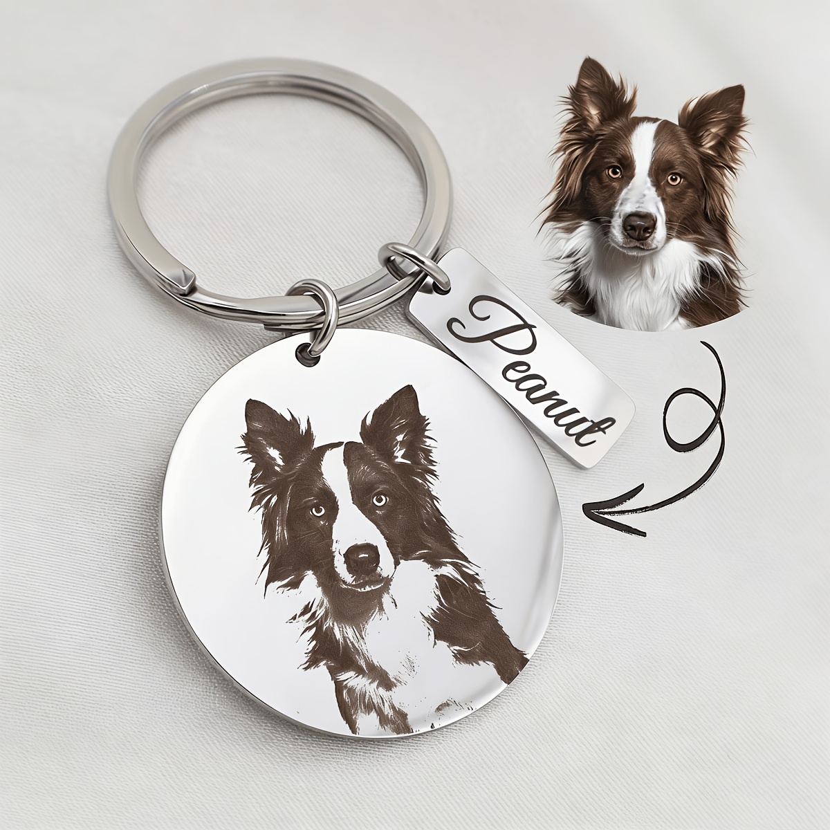 TEMU 1pc Custom Keychain With Round Engraved Pet Photo, Pet-owner Photos, Straight Name Strip, Heart, Etc. Self- Personalized Custom Stainless Steel