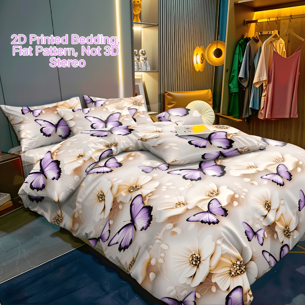 TEMU Parure de lit 3 pièces : Housse de couette à motif floral papillon violet / Style onirique et légèrement luxueux, 1 housse de couette + 2 taies