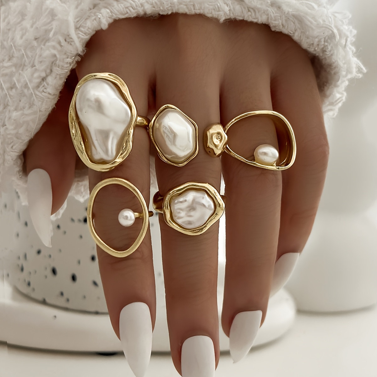 סט 5 טבעות פנינה מלאכותית מלוטשת בעבודת יד מסגסוגת: טבעות מונזות מוגזות חתונות, חופשות מתנות מוגזות