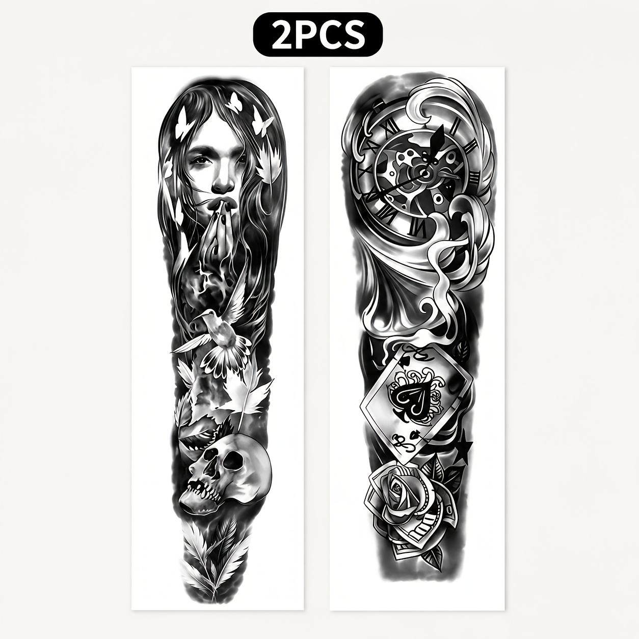 TEMU Lettuccia per tatuaggi temporanei grande e , tatuaggio da braccio in stile vintage scuro, design realistico con ritratto, orologio, rosa e ,