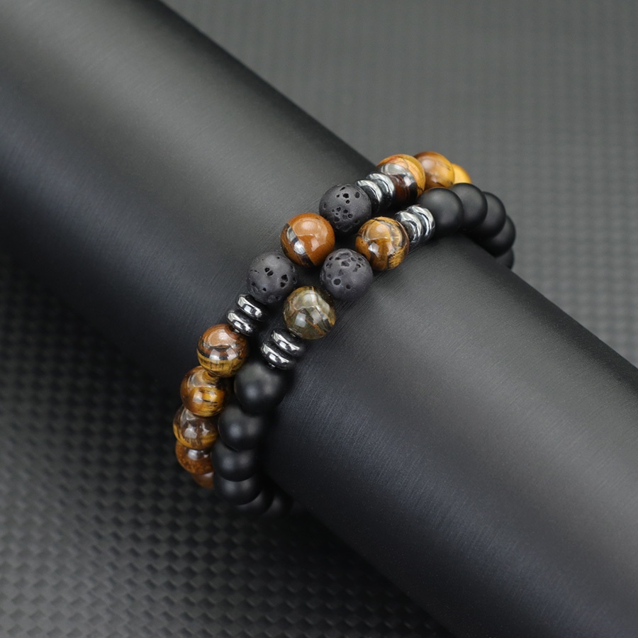 Classic 2pcs 8mm Stone Beaded Bangle Bangle Bracelet Set Men Handmade Obsidian Matte Beads Elastic Braslet Holiday Leisure Homme Joias