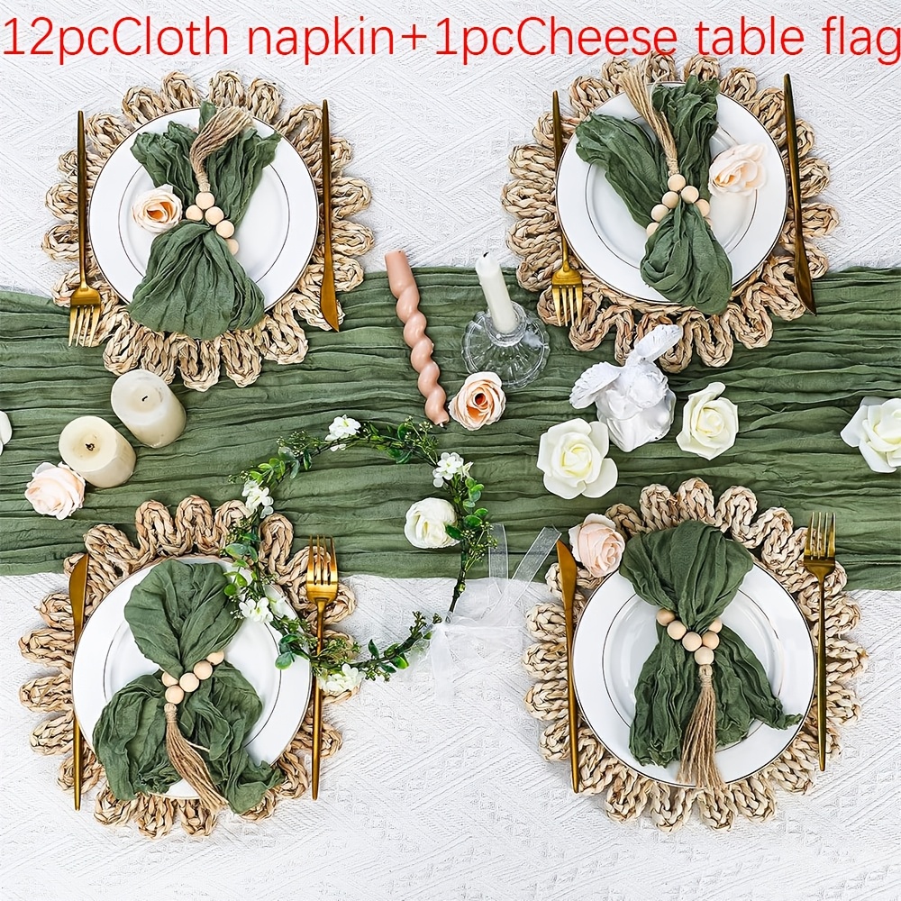 E-shop 12-teiliges + 1 Extra Salbeigrünes Bohemian-Käsetuch-Tischläufer-Set, Landhausstil, für Valentinstag, Hochzeiten, Geburtstage