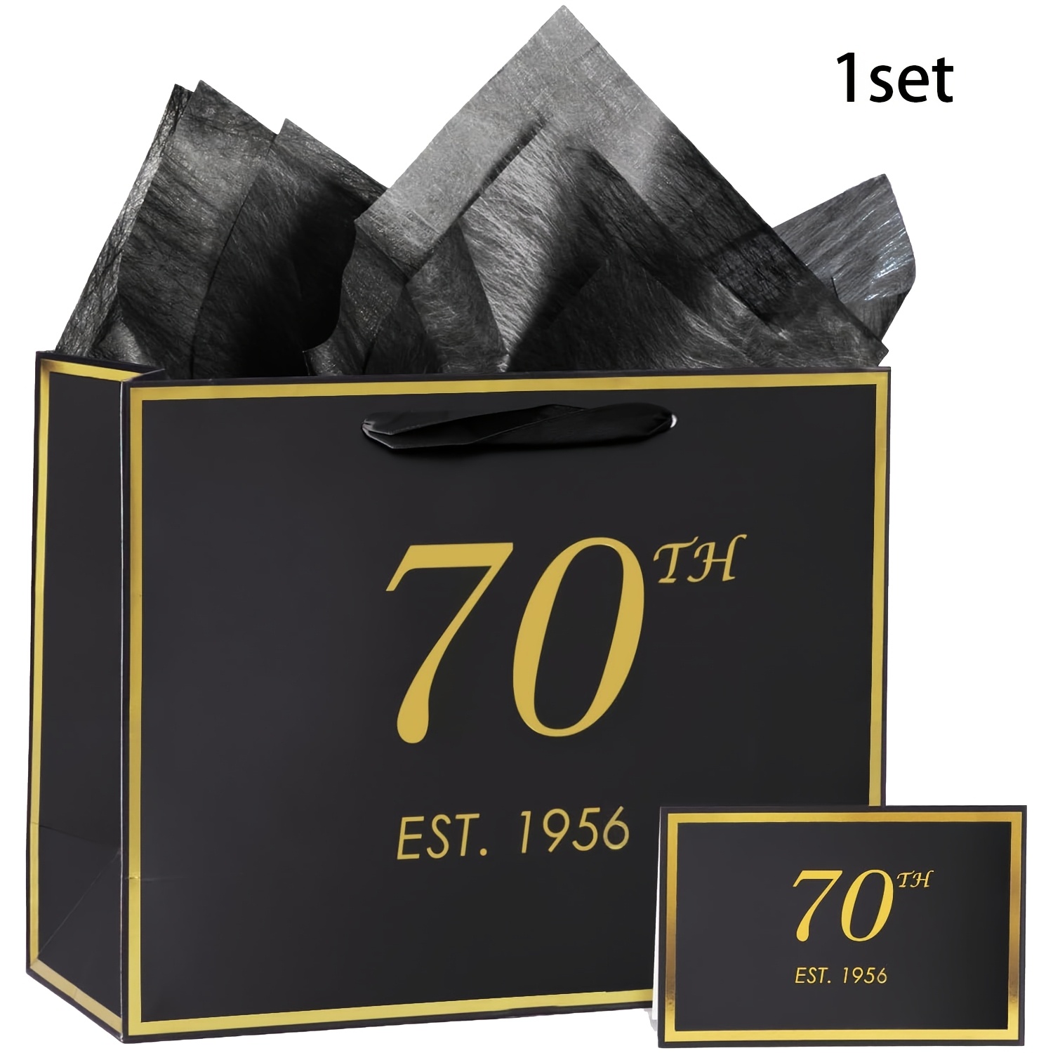 Image of 1set/5sets,black 70h Birthday Gift Bag With Card And Tissue Paper For Men Women, 1956 70 Year Old Elegant Black Golden Anniversary Keepsake Party Present Shopping Paper Bags For Gifts Wrapping