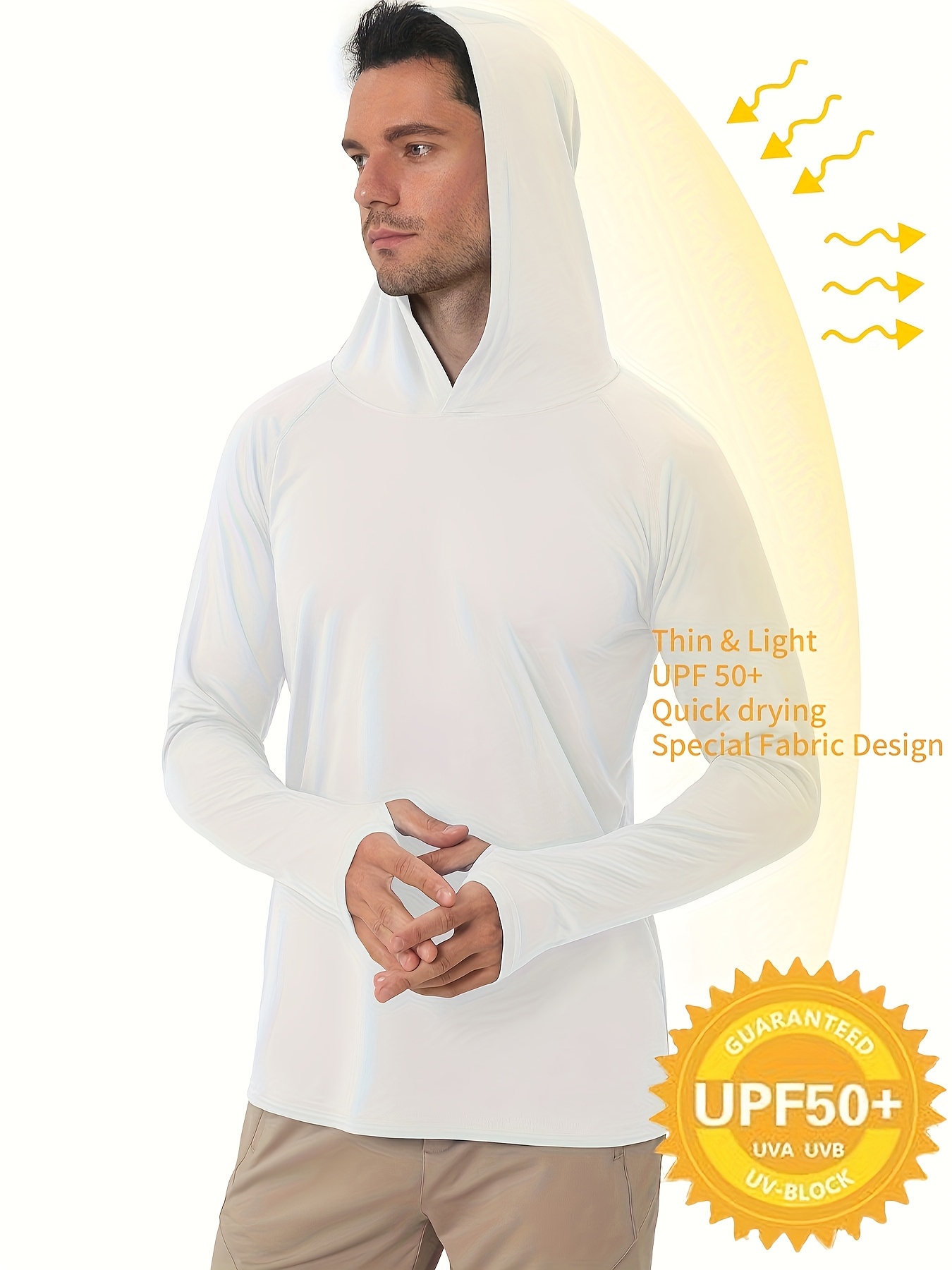 Men's UPF 50+ Sun Protection Hoodie - Lightweight Quick-Dry Polyester Long Sleeve Shirt with Rash Prevention, Breathable Stretch Fit for Outdoor Running, Fitness, Fishing & Cycling