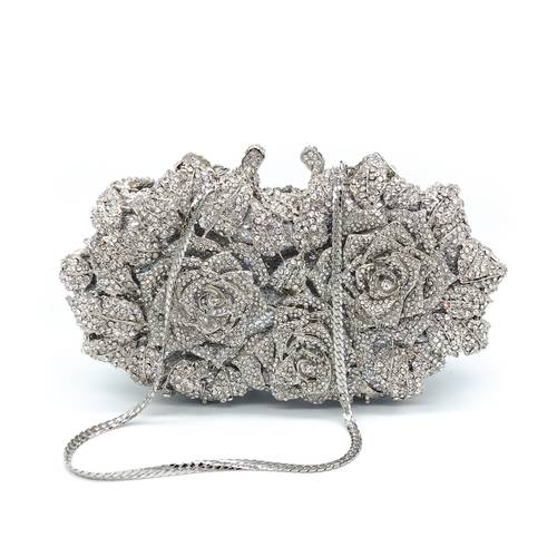 item picture dinner bag 3d three dimensional rose encrusted dinner bag hand encrusted with golden and silvery two colors banquet clutch bag wedding bride bag high end clutch evening bag