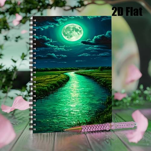 item picture 1pc 2d flat spiral notebook back to a5 spiral coil notebook with luminous moonlight river scenery cover student stationery diary gift for writing and portable recording suitable for back to student notebooks