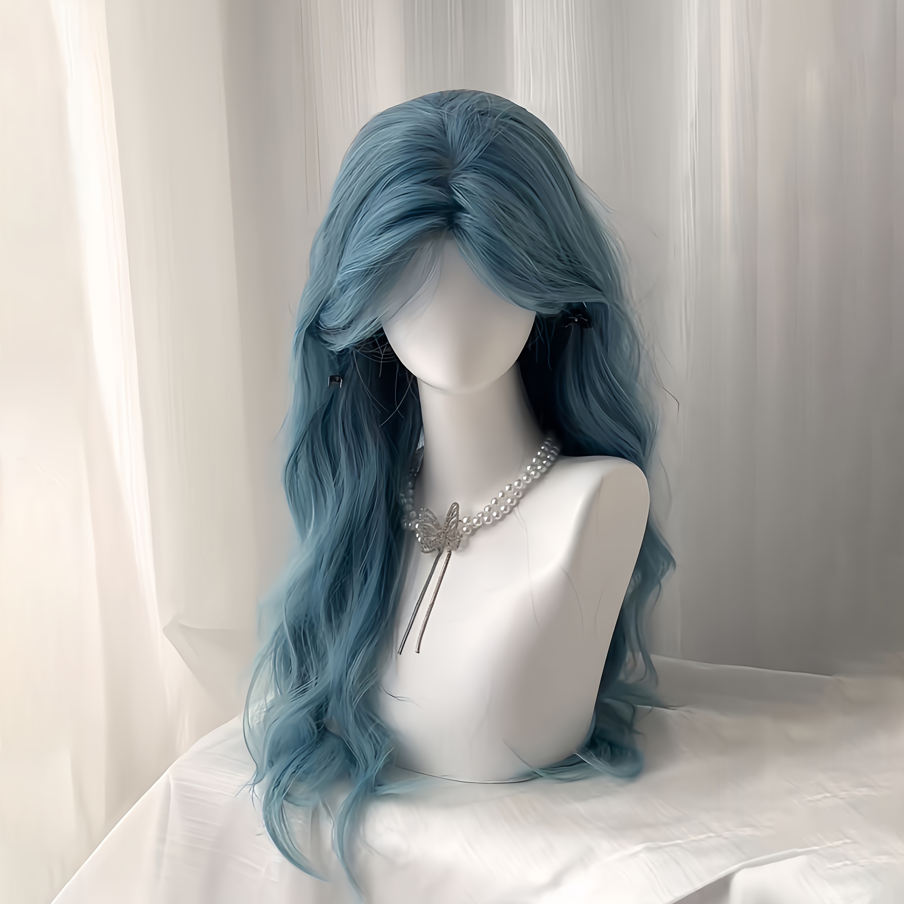 TEMU 26-inch Elegant Blue Curly Wave Wig For Women - , Long Wavy Hair With Bangs, Daily Wear, Music Festivals, And Photo Shoots, Versatile Style, Wig