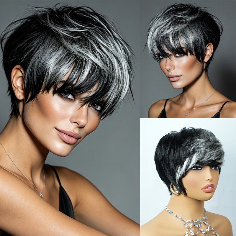 Image of 6 Inch Cut Human Hair Wig White Short Style Wig With Bangs Women's Long-lasting Wig Real Human Hair For Daily Wear & Cosplay & Parties & Music Festival