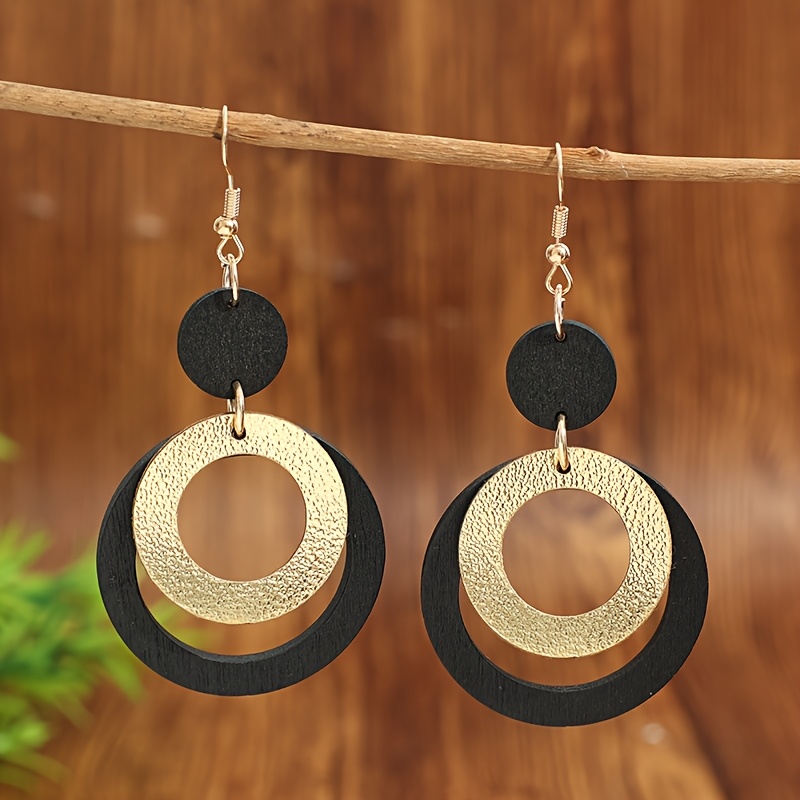 1 Pair Textured Black Golden Contrast Wooden Minimalist Grand Long Earrings